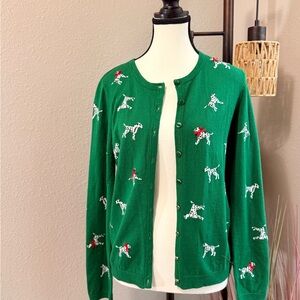 Talbots Green Christmas Cardigan with Dalmatian Design, Size XS